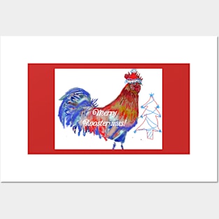 Merry Christmas Rooster Watercolor Painting Posters and Art